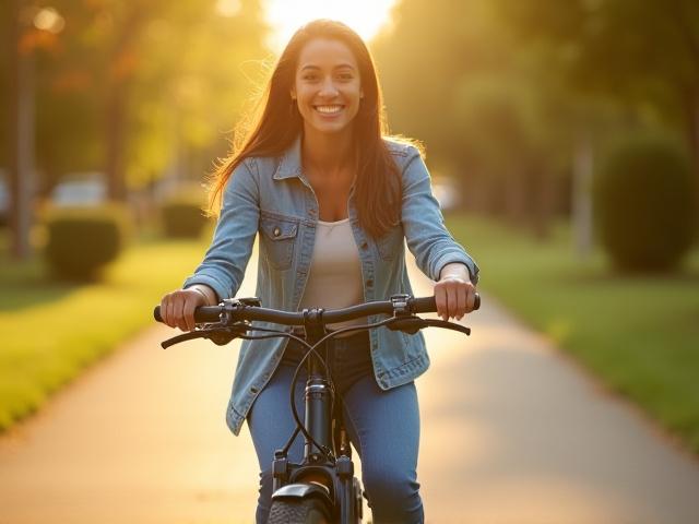 Rider smiling on a well-maintained, yet affordable-looking electric bike on a sunny day.