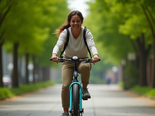 Person effortlessly riding a commuter e-bike through a city park.