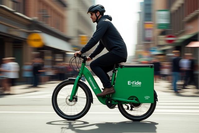 Electric cargo bike being used for delivery in an urban setting