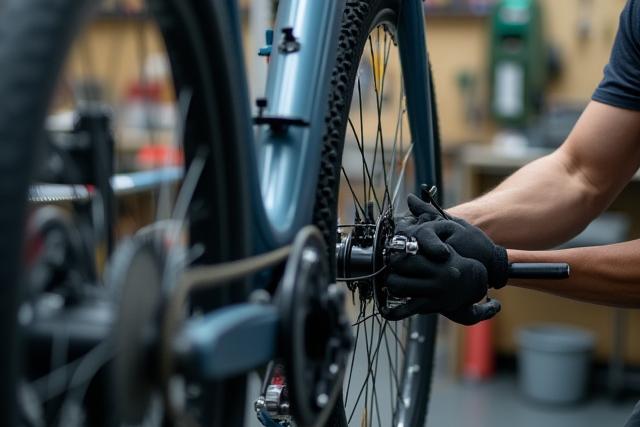 Mechanic working on an electric bike's hub motor in a clean workshop