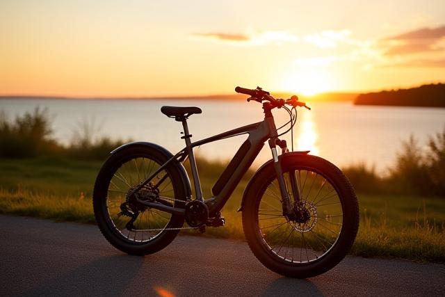 Electric bike parked by Lake Superior for rent, sun setting