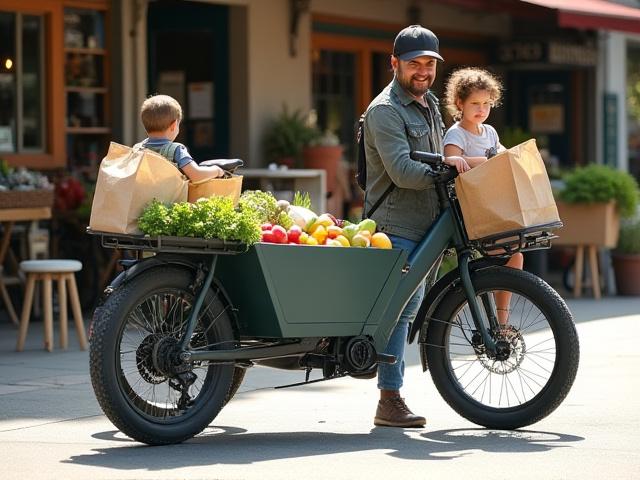 Electric cargo bike with a child seat and groceries near a local market