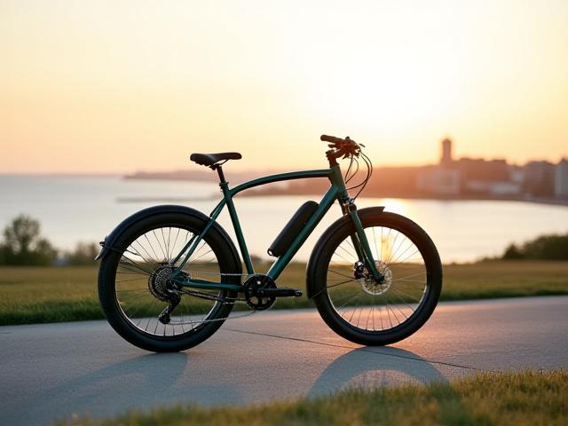 Sleek electric commuter bike on an urban path with Lake Superior in the background