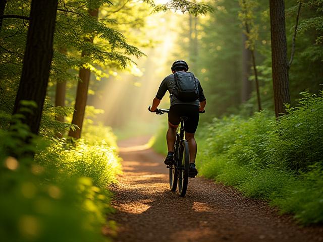 Electric hybrid bike on a scenic dirt trail with trees and sunlight