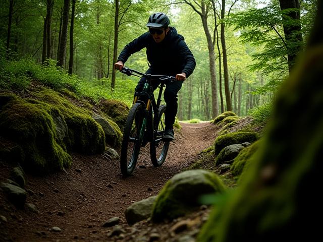Electric mountain bike climbing a steep, rocky trail in a forest